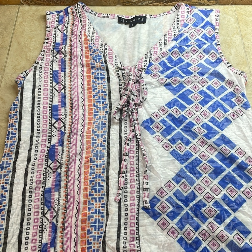 Carine Dress Size S Mini Crinkle Fabric Ruffle Sleeveless Lined White Blue - Picture 4 of 9